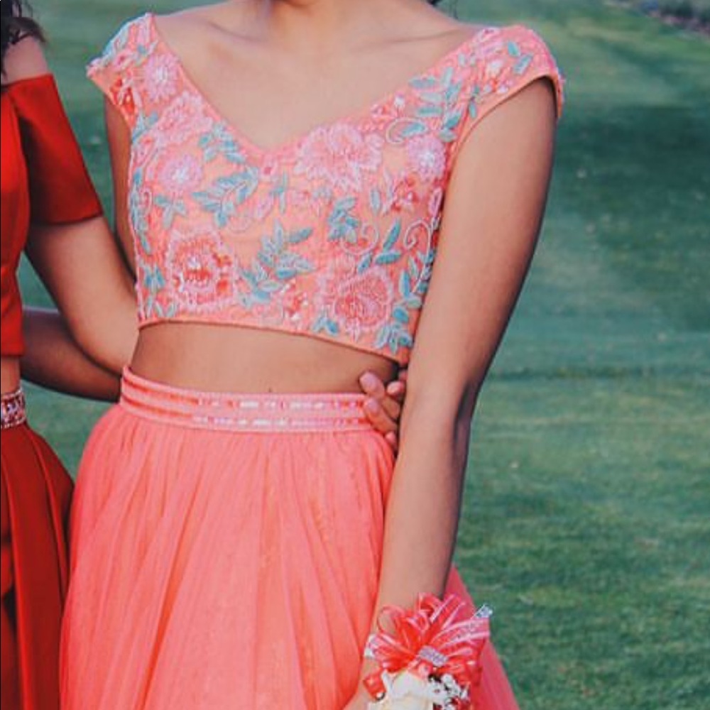 Long peach prom dress